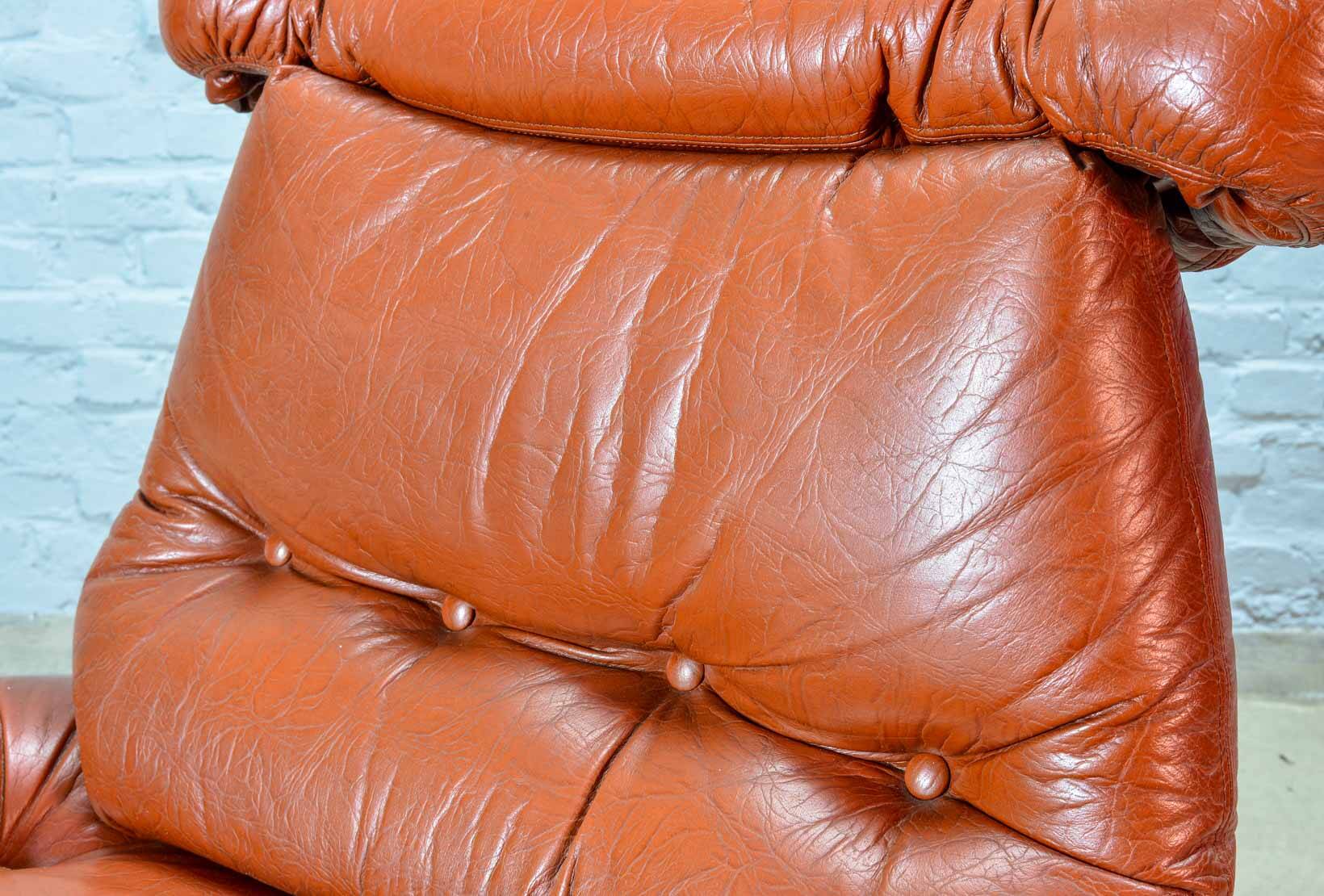 Brutalist Sculptured Brazilian Style Cognac Leather Lounge Chair, 1970s
