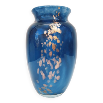 Vase vintage en verre soufflé bleu, signé