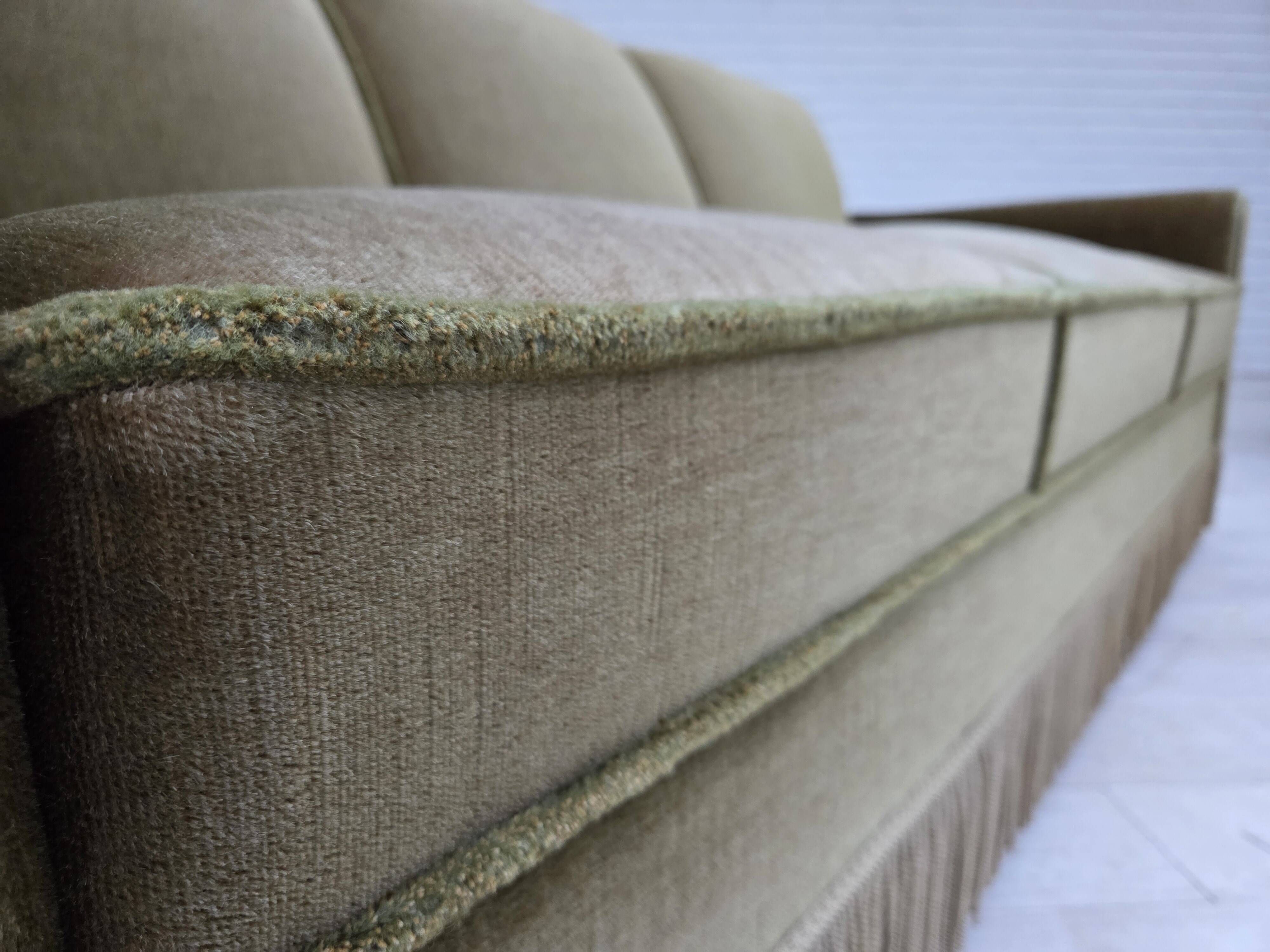 1970s, Danish 3-seater sofa, green furniture velour, teak wood legs.