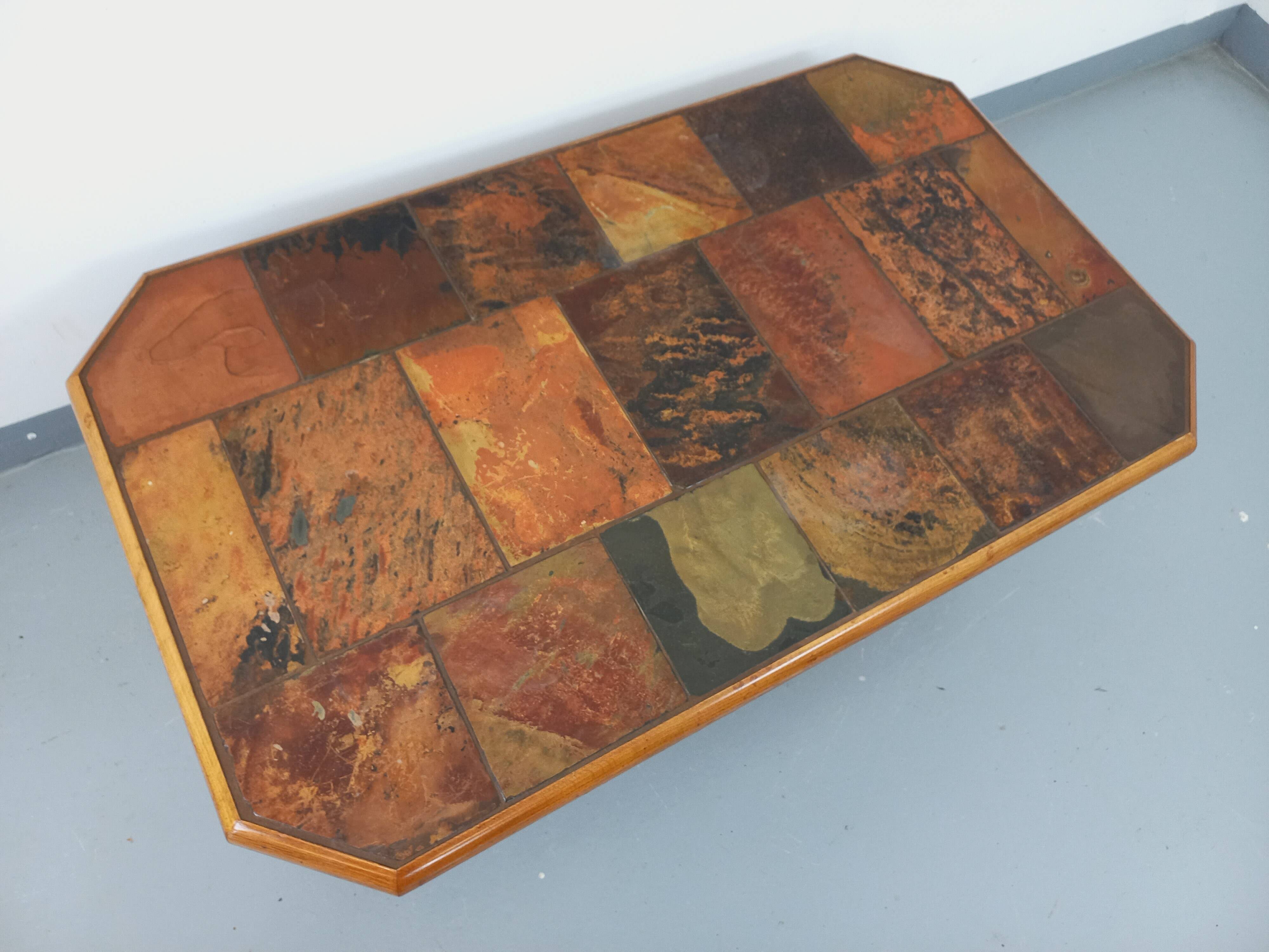 Vintage Brutalist Stone and Oak Coffee Table from the 70s 80s