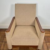 Pair of armchairs in carved wood and vintage fabric