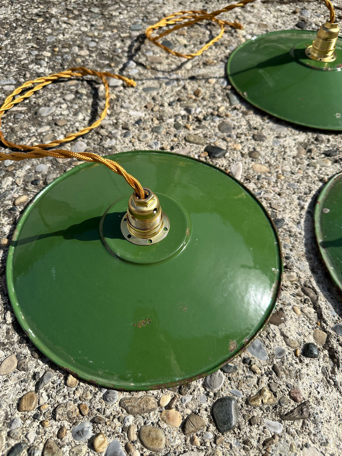 Trio of vintage pendant lights in green and white enameled sheet metal, industrial farmhouse decor