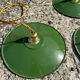 Trio of vintage pendant lights in green and white enameled sheet metal, industrial farmhouse decor