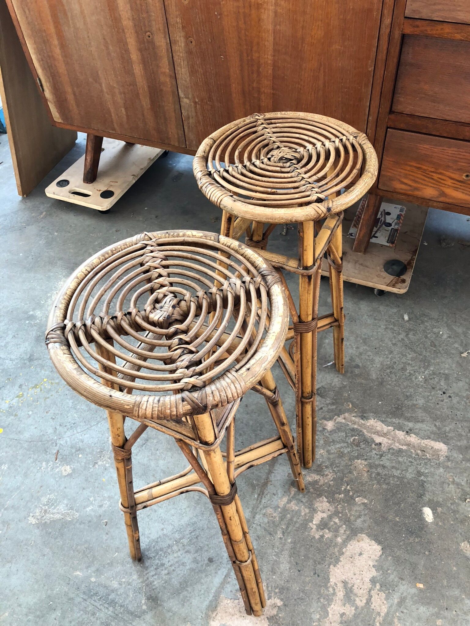 Set of 2 vintage rattan stools