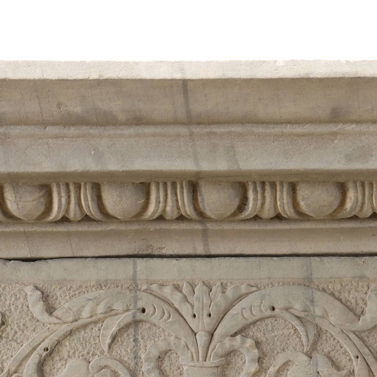 Ancient Renaissance fireplace lintel in pietra serena stone, 15th century.