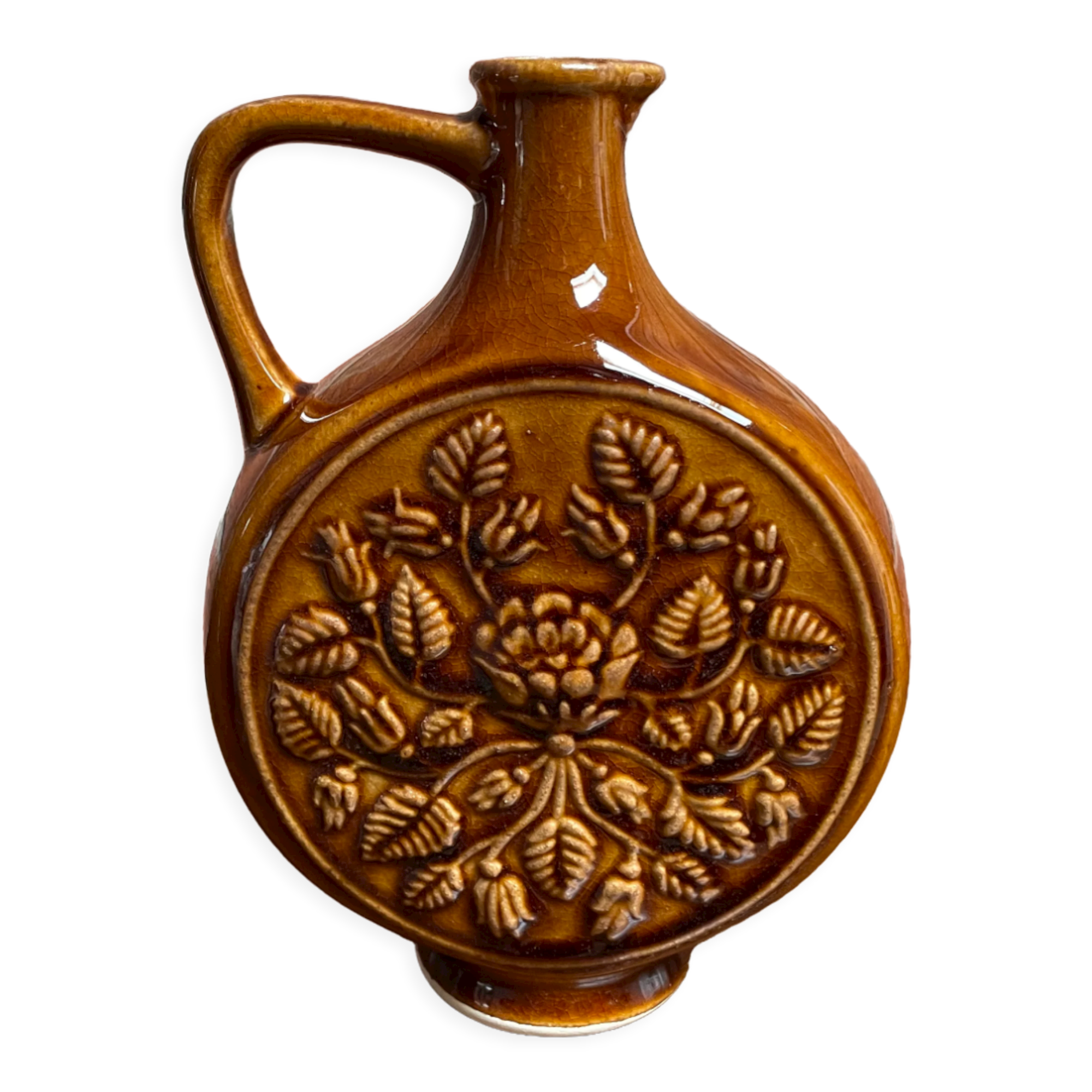 German round vase with floral motif, ornamental brown ceramic jug with handle