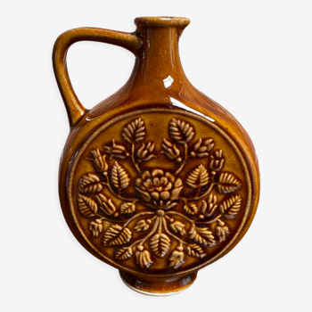 Vase rond allemand à motif floral, pichet ornemental en céramique marron avec anse