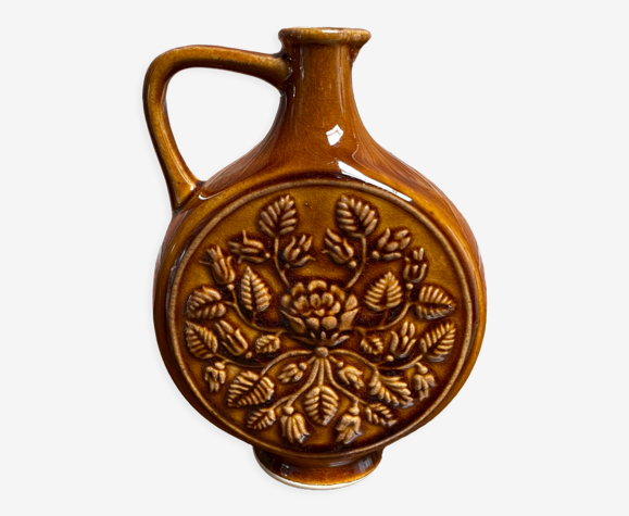 Vase rond allemand avec motif floral, pichet ornemental en céramique brune avec poignée