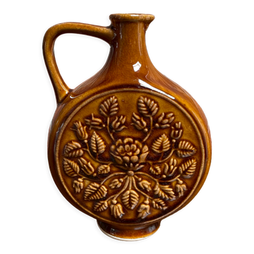 Vase rond allemand à motif floral, pichet ornemental en céramique marron avec anse