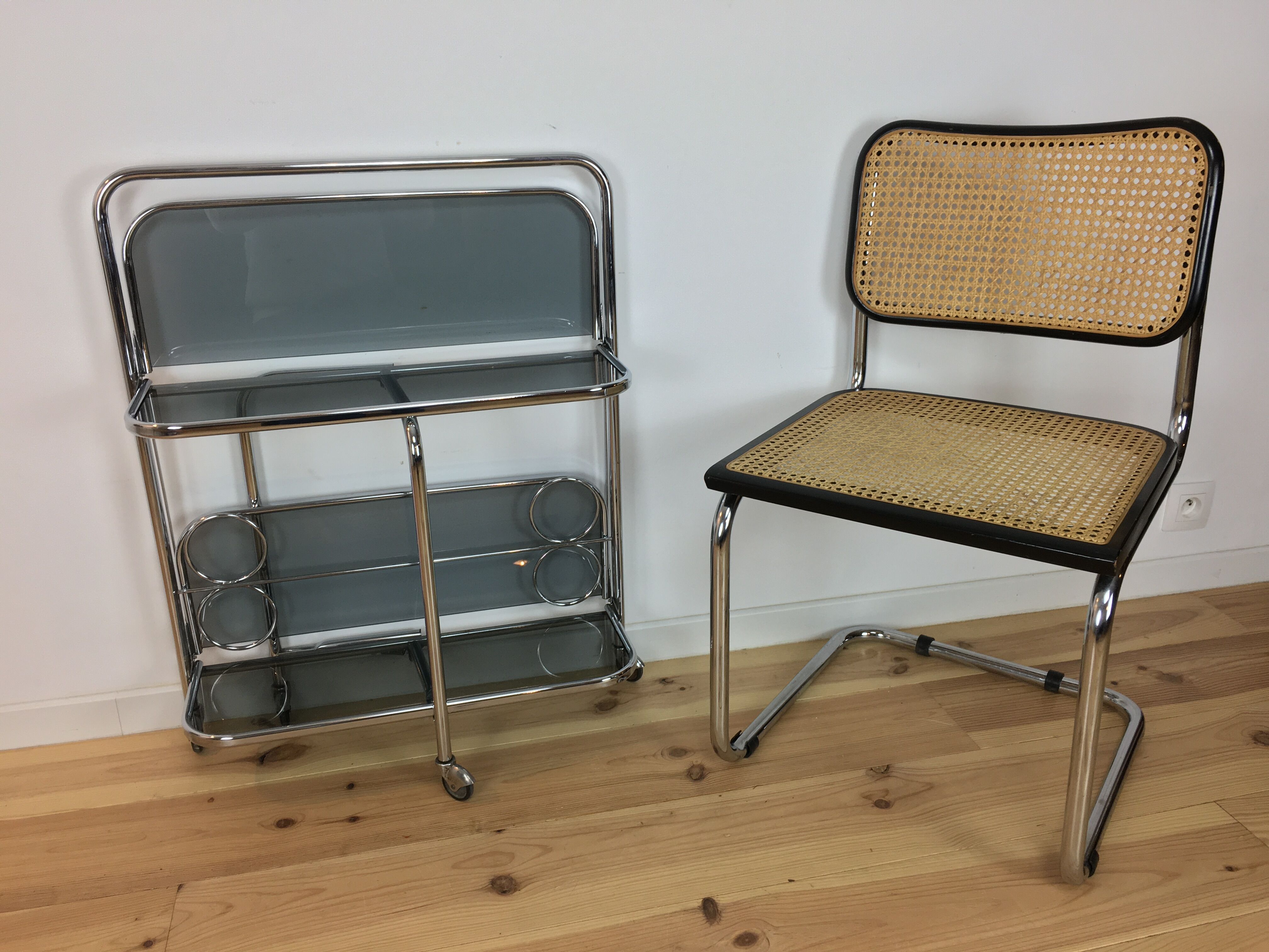 70s chrome folding dessert, smoked glass bar