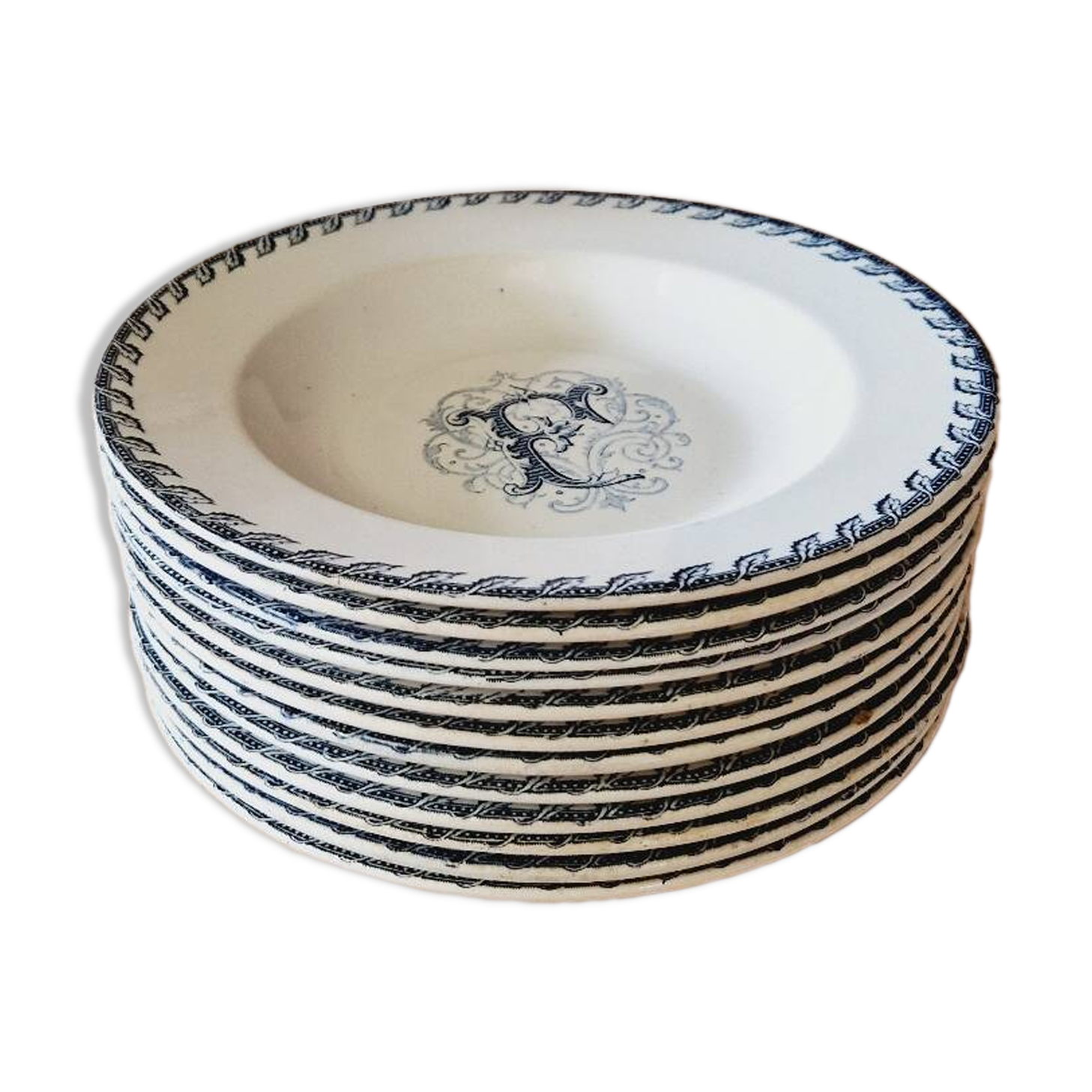 12 Luneville K&G soup plates, letter F