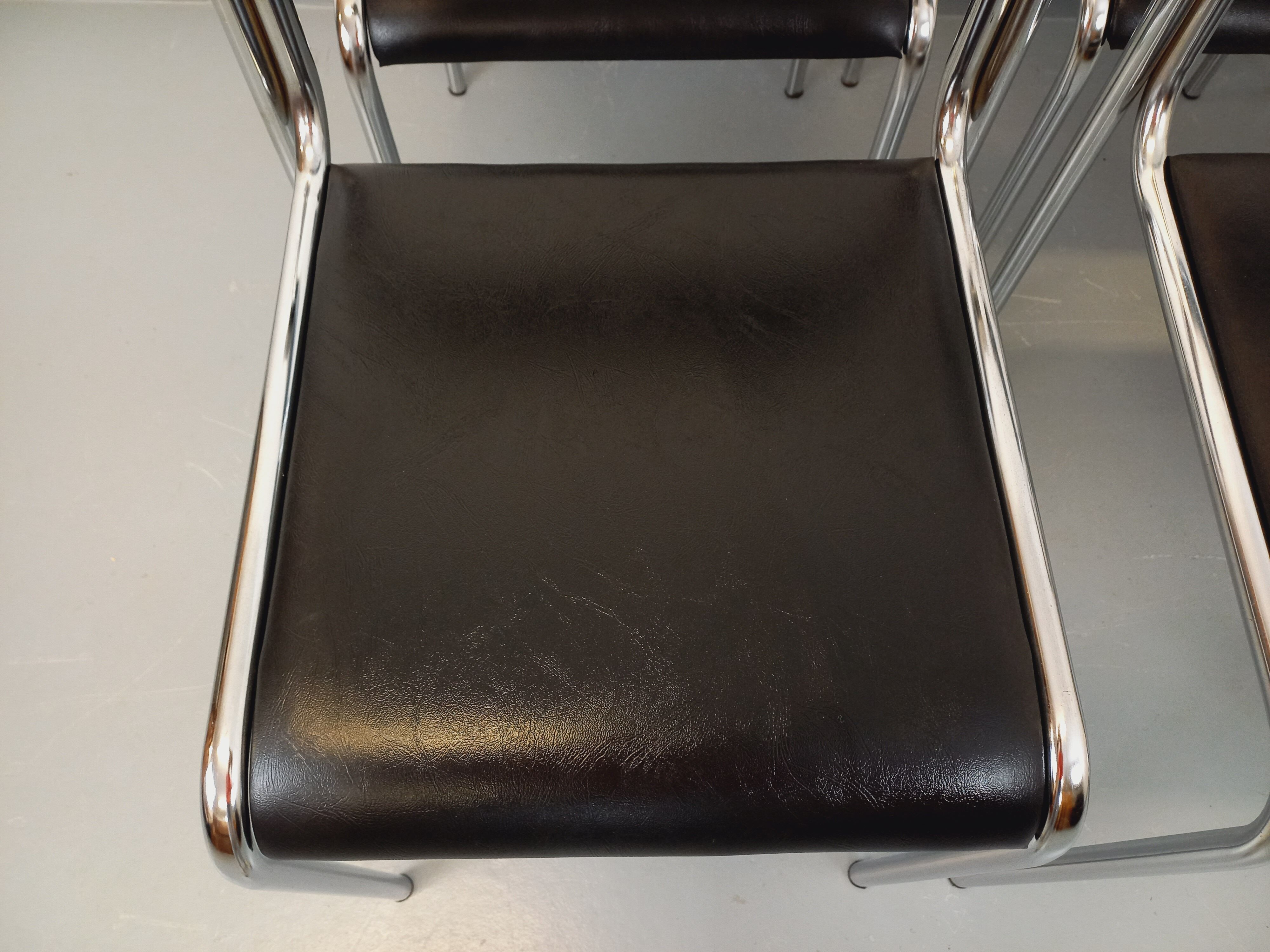 Set of 6 vintage Italian stackable chairs in chrome metal and skai.