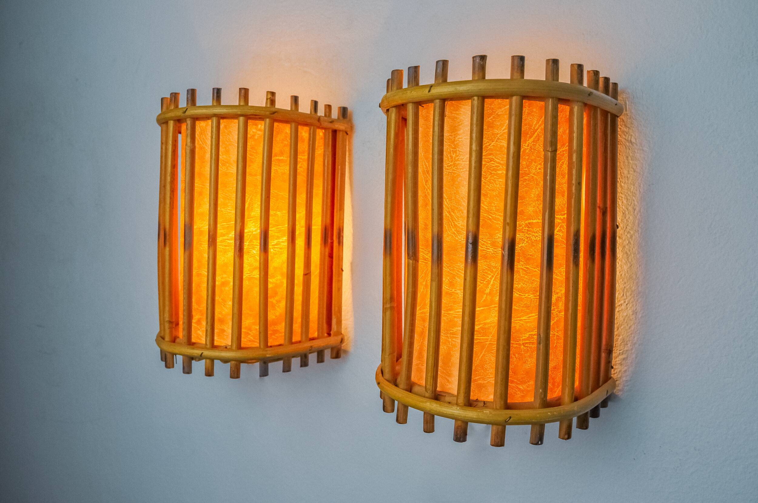 Pair of rattan wall lights, France, 1960