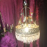 Lustre suspension en métal doré et pampilles
