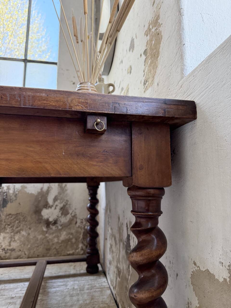 Paneled walnut desk with turned legs, 1900
