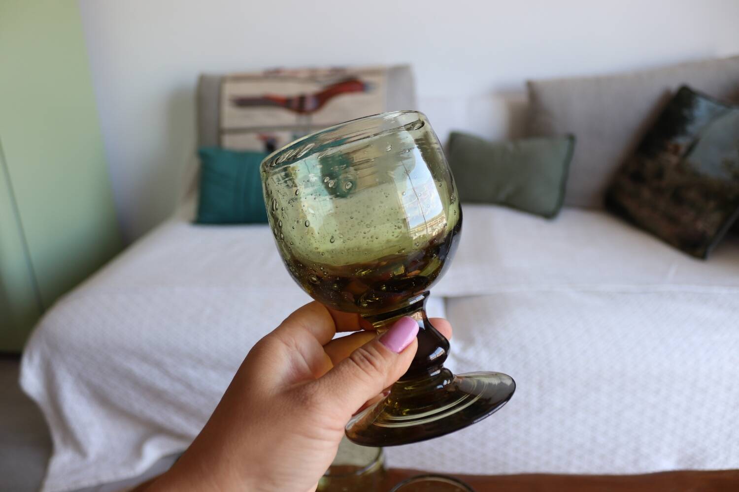 7 green biot stemmed glasses in bubbled glass