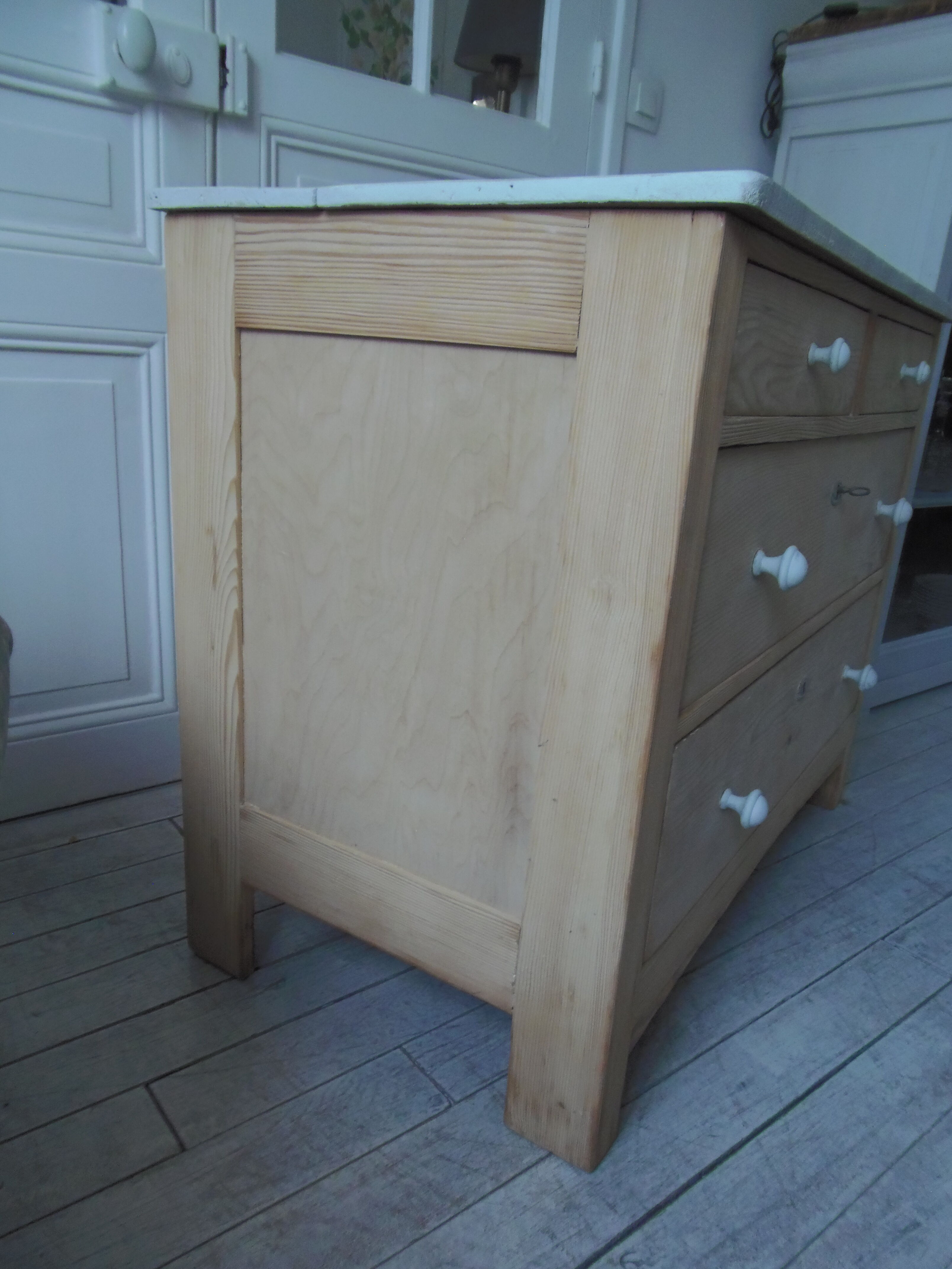 Vintage raw pitchpin chest of drawers, pearl grey patinated drawer tray buttons