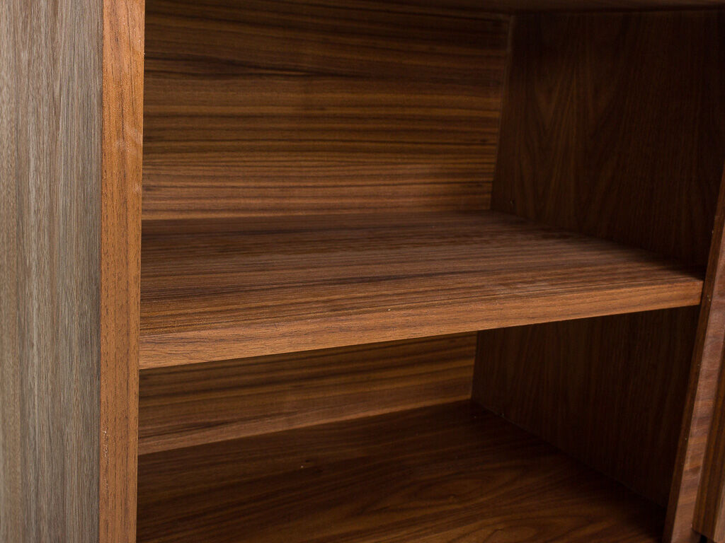 Oiled walnut TV stand equipped with 2 sliding doors and 3 drawers
