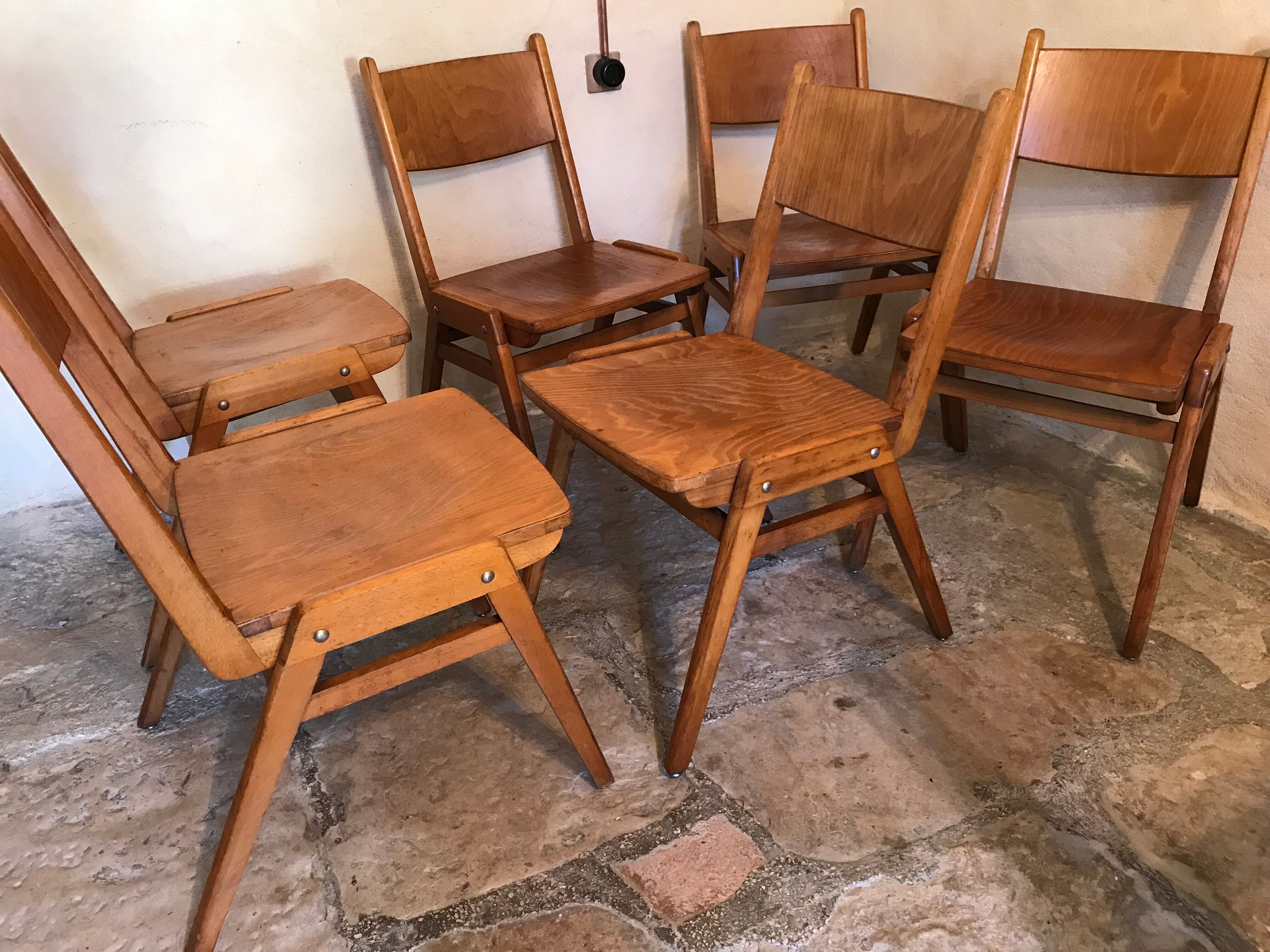 Set of 6 stackable chairs wood feet compass Germany 1960's