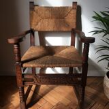 Rustic armchair solid wood and plaited straw