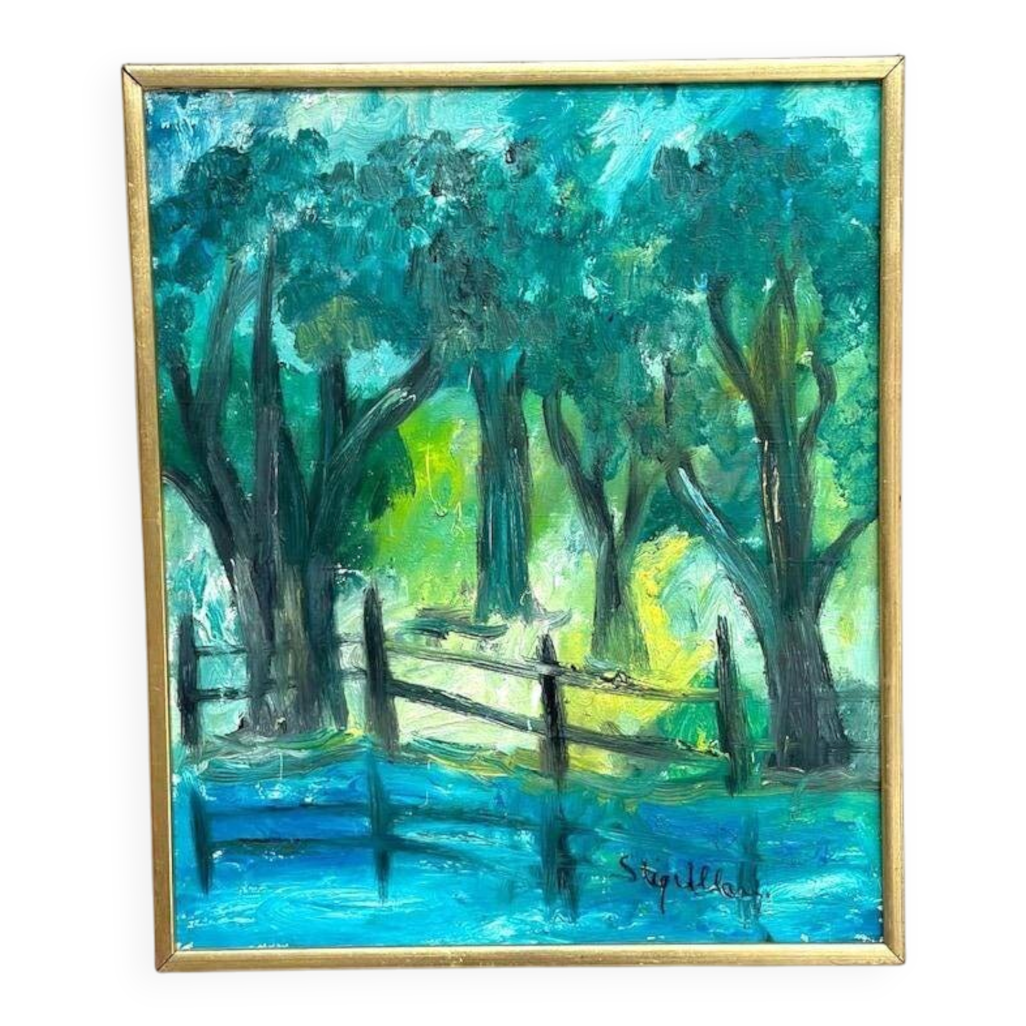 Swedish Oil on Canvas “Forest Gate” by Stig Allan Vintage & Framed