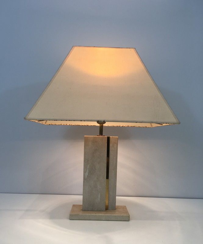 Travertine and brass lamp with original lampshades