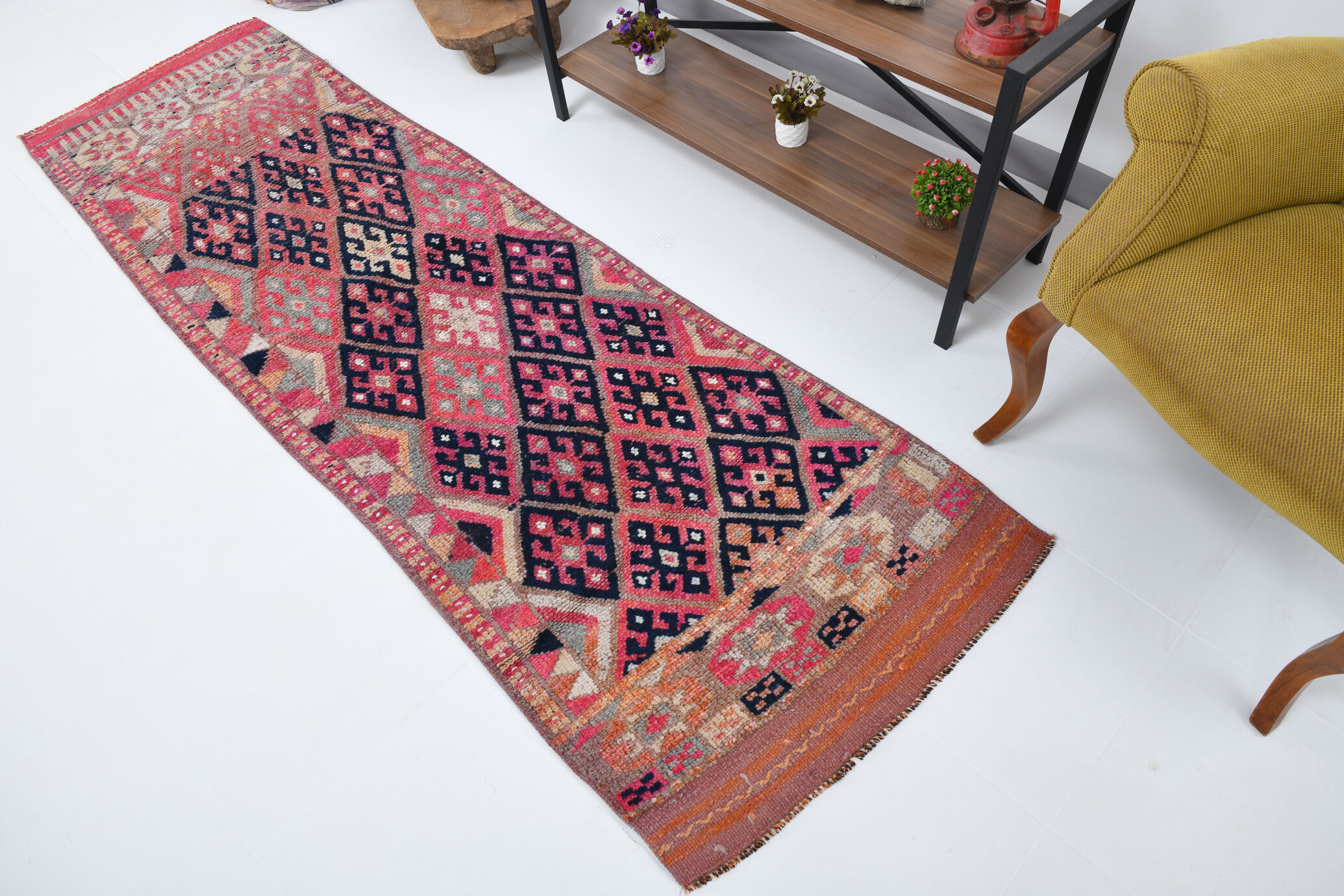 3x9 navy blue & pink turkish runner rug 79x272cm