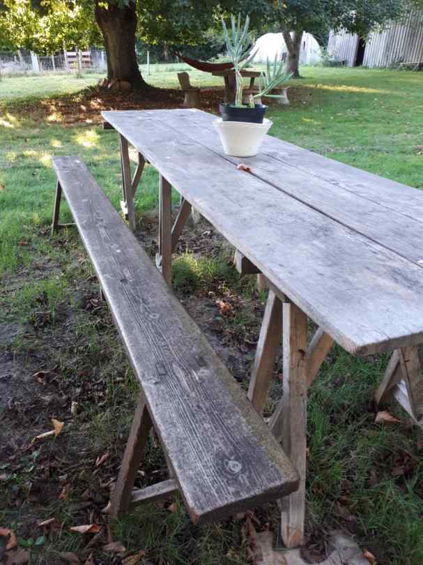 Vintage Guinguette table set with 2 benches