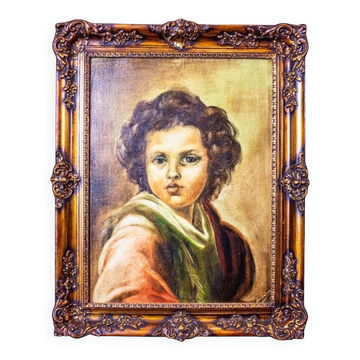 Portrait d'un petit garçon, années 1940, huile sur toile, encadré