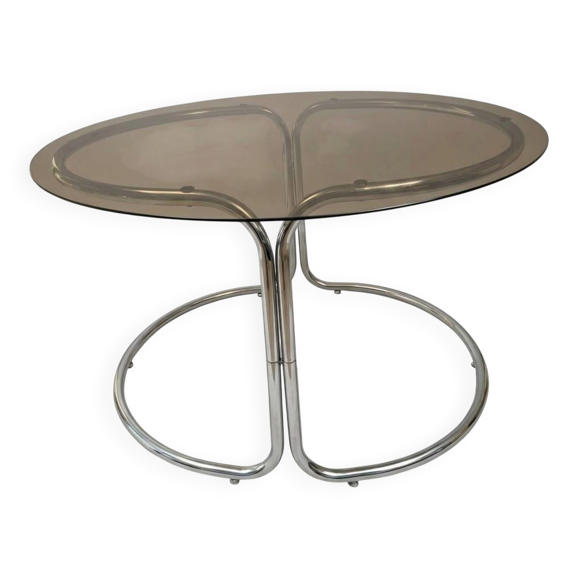 ​Table à manger en métal chromé et verre fumé