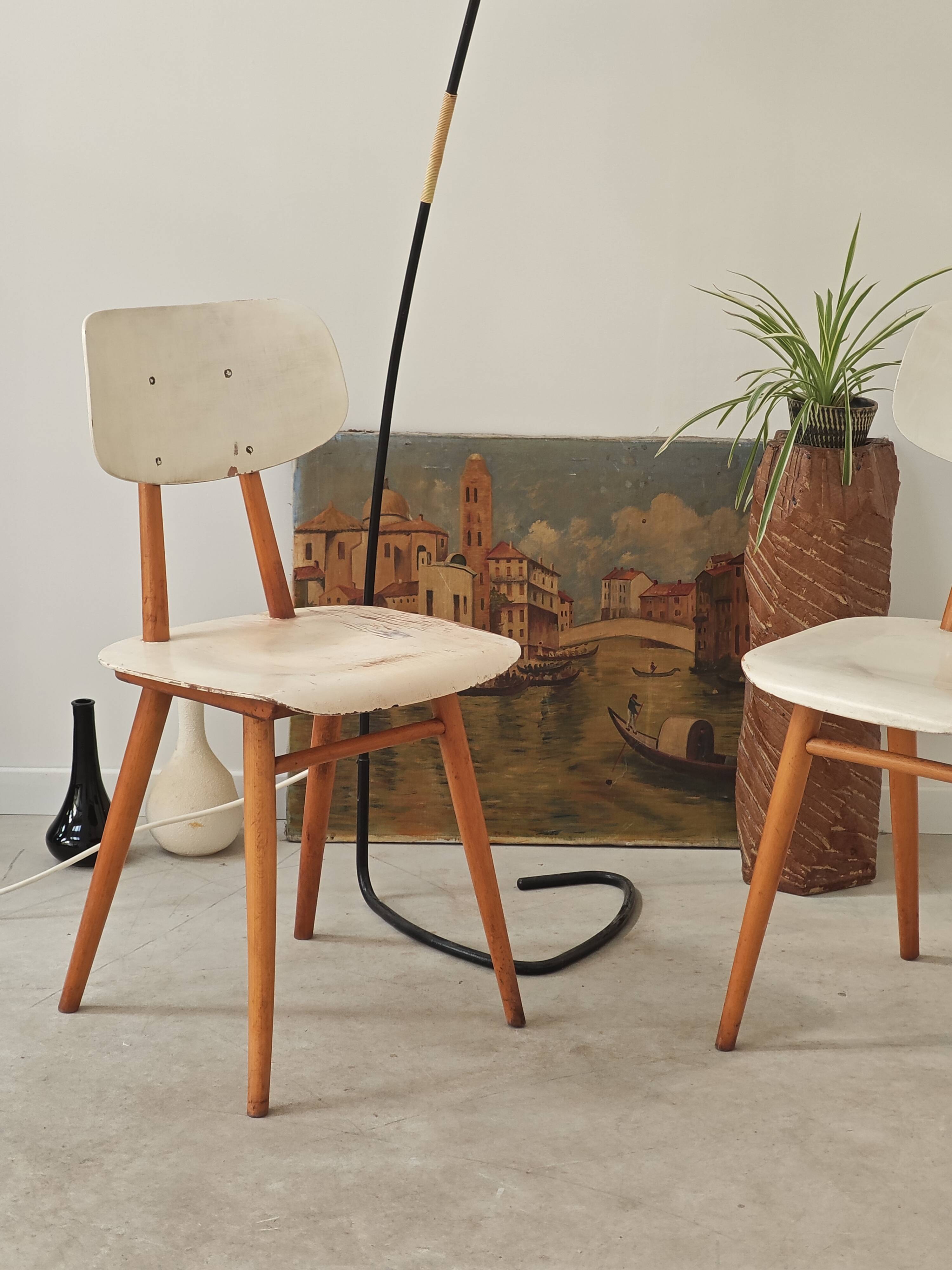 Pair of TON bystrice chairs, Thonet, white, Eastern Europe 1960.