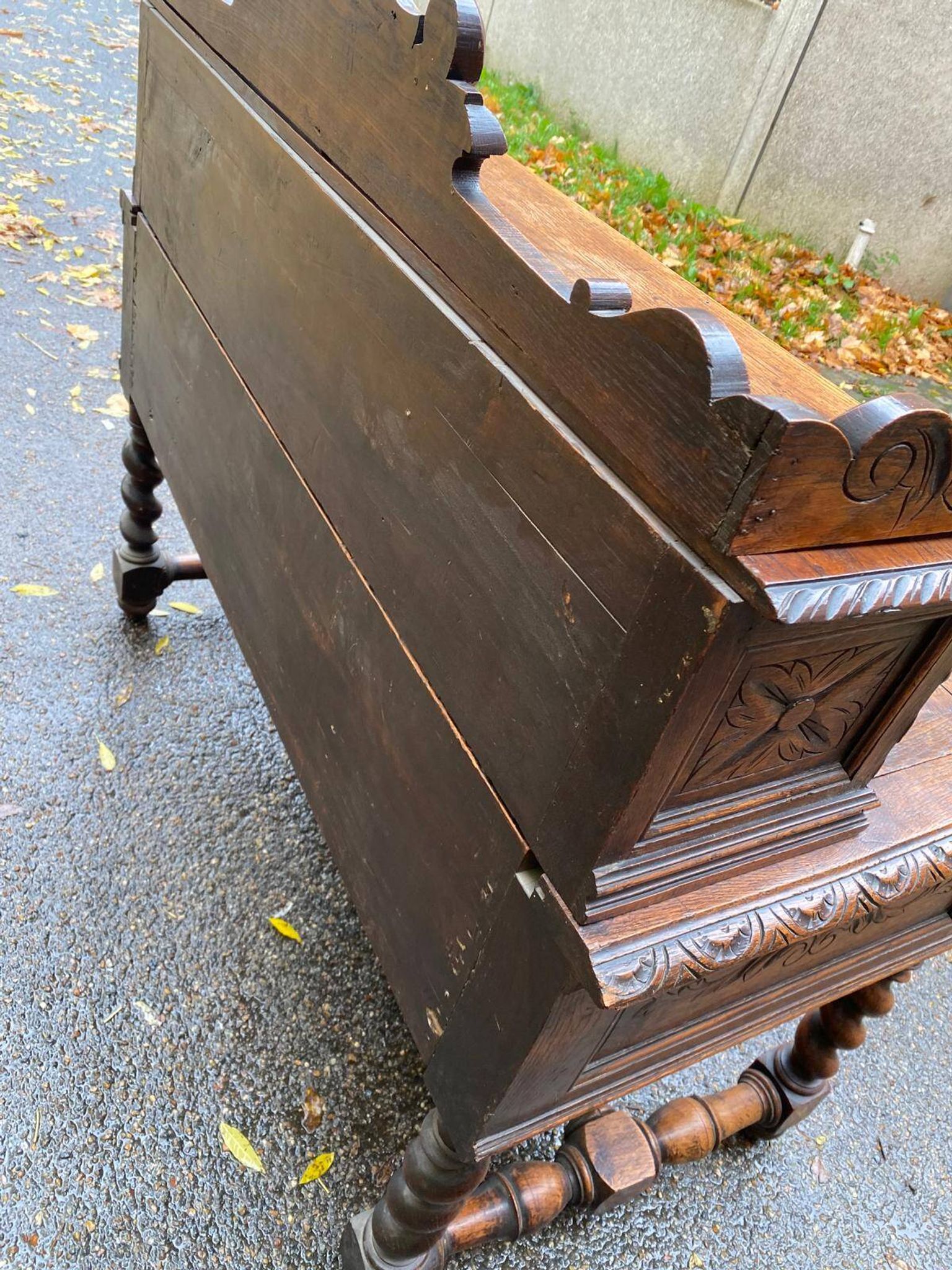 19th-century Renaissance carved oak desk with chair