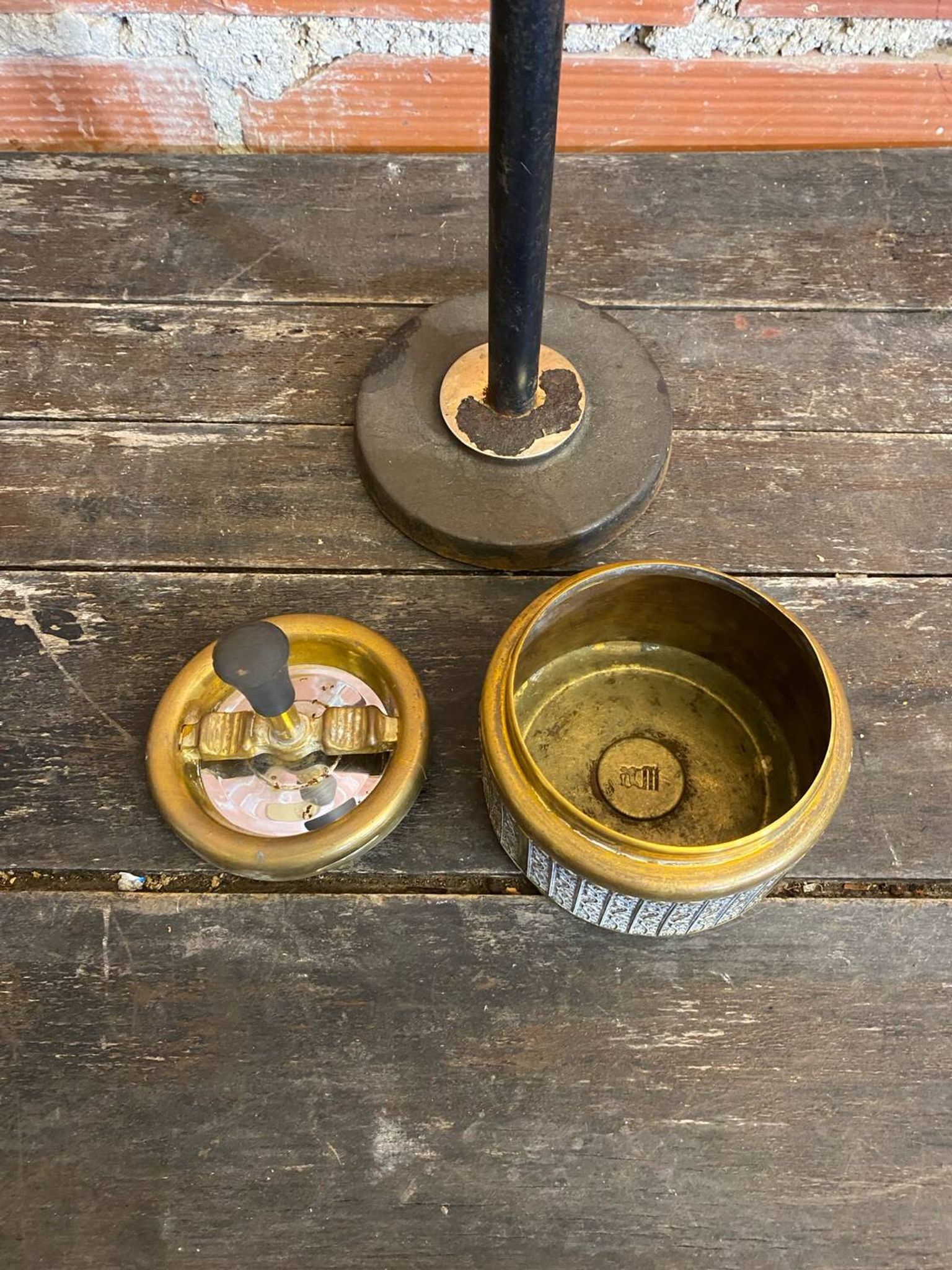 Vintage French Cast Iron Stand Ashtray + Gold Metal Ashtray #D