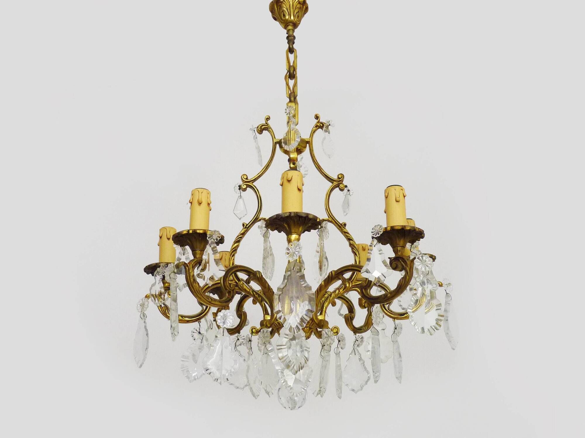 Bronze cage chandelier with glass pendants, 8 lights. tassel chandelier. 60s