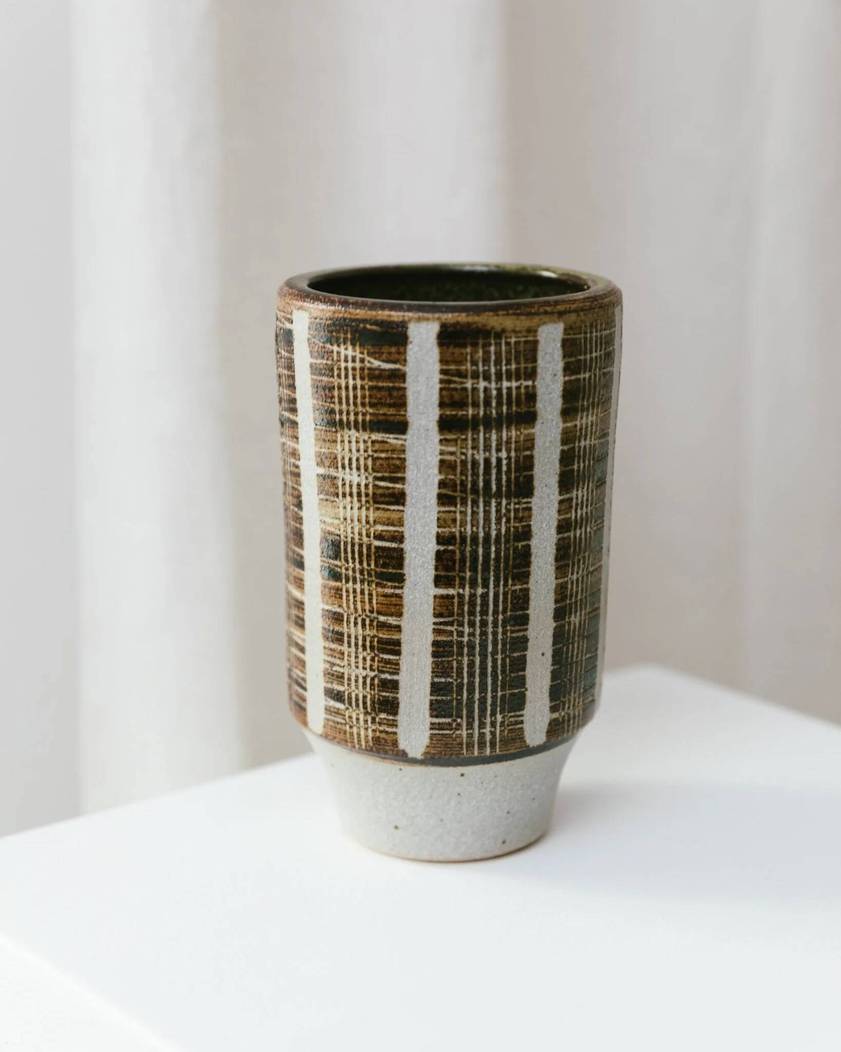 Brown Beige Ceramic Vase - Mid-Century Studio Vase, 1960s, Crosshatch Texture