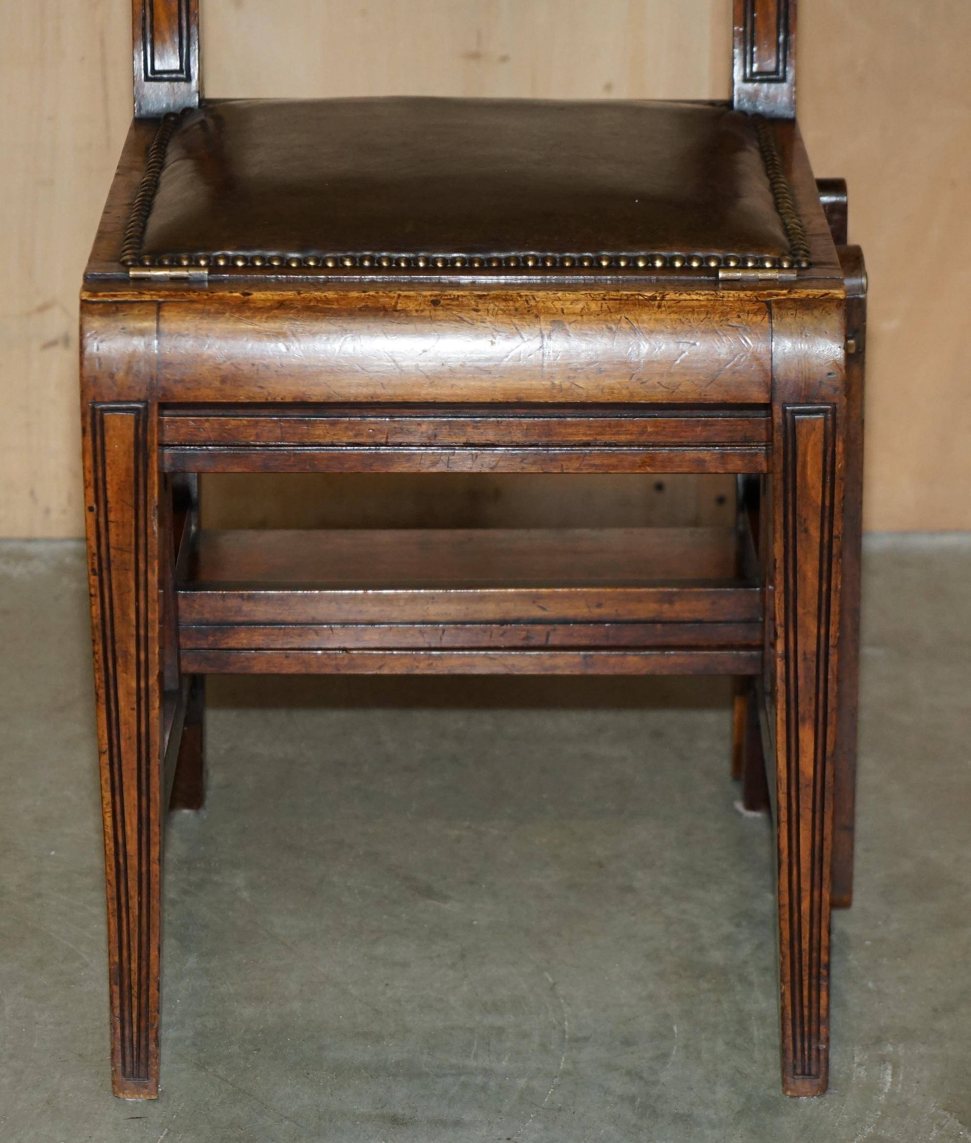 Victorian library chair, convertible, hardwood, leather, brass, circa 1880.
