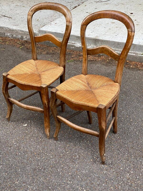 2 chaises louis philippe bois massif courbé et paille