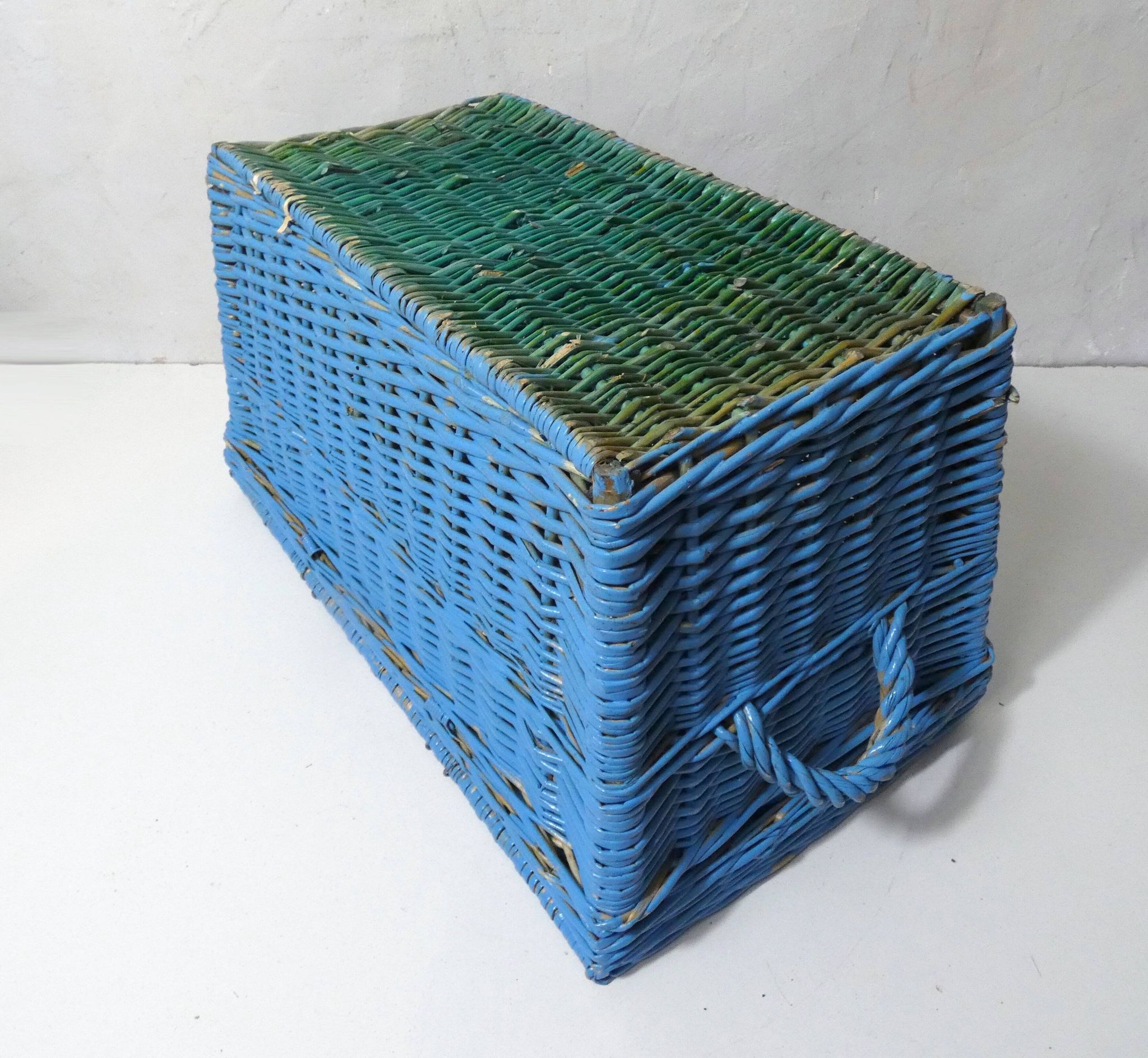 vintage blue rattan trunk chest