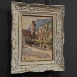 Watercolor on paper 1920 mountain village whitewashed frame