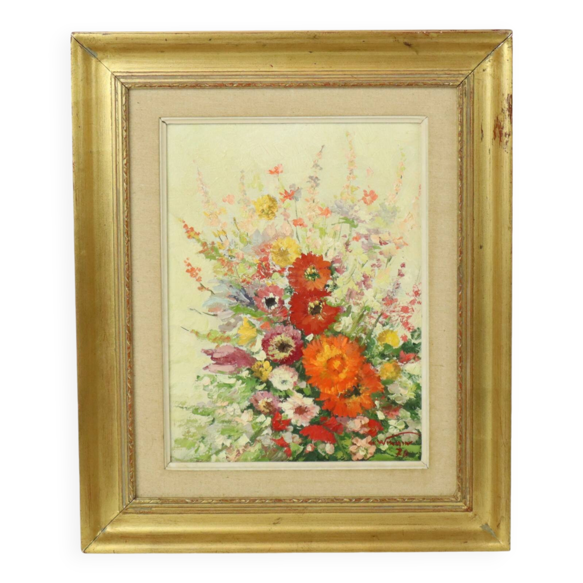 Still Life Flowers Painting Canvas Gold Frame Signed 1970