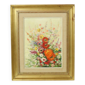 Still Life Flowers Painting Canvas Gold Frame Signed 1970