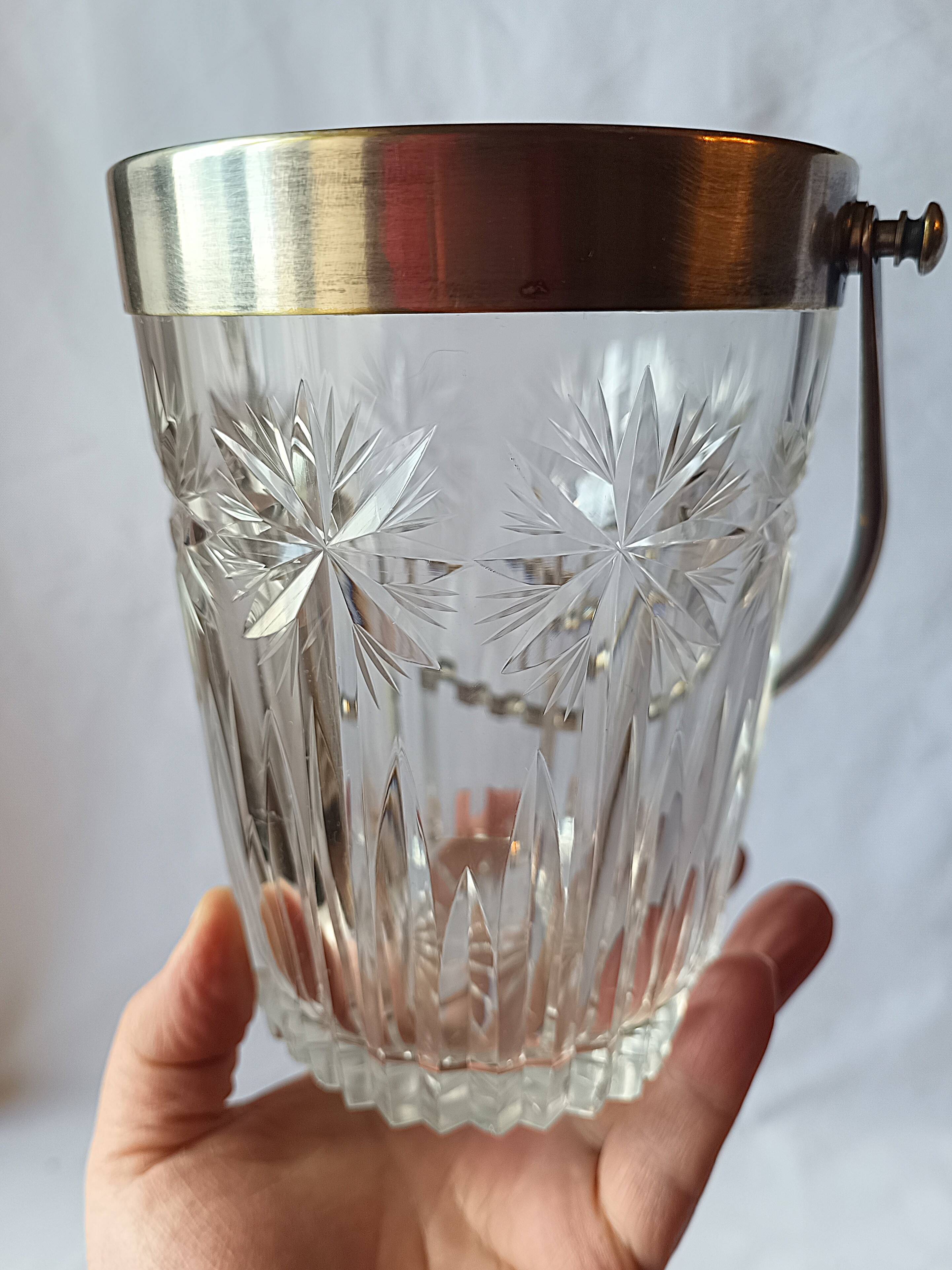 Cut crystal ice bucket, silver-plated metal, marked, cooler service.