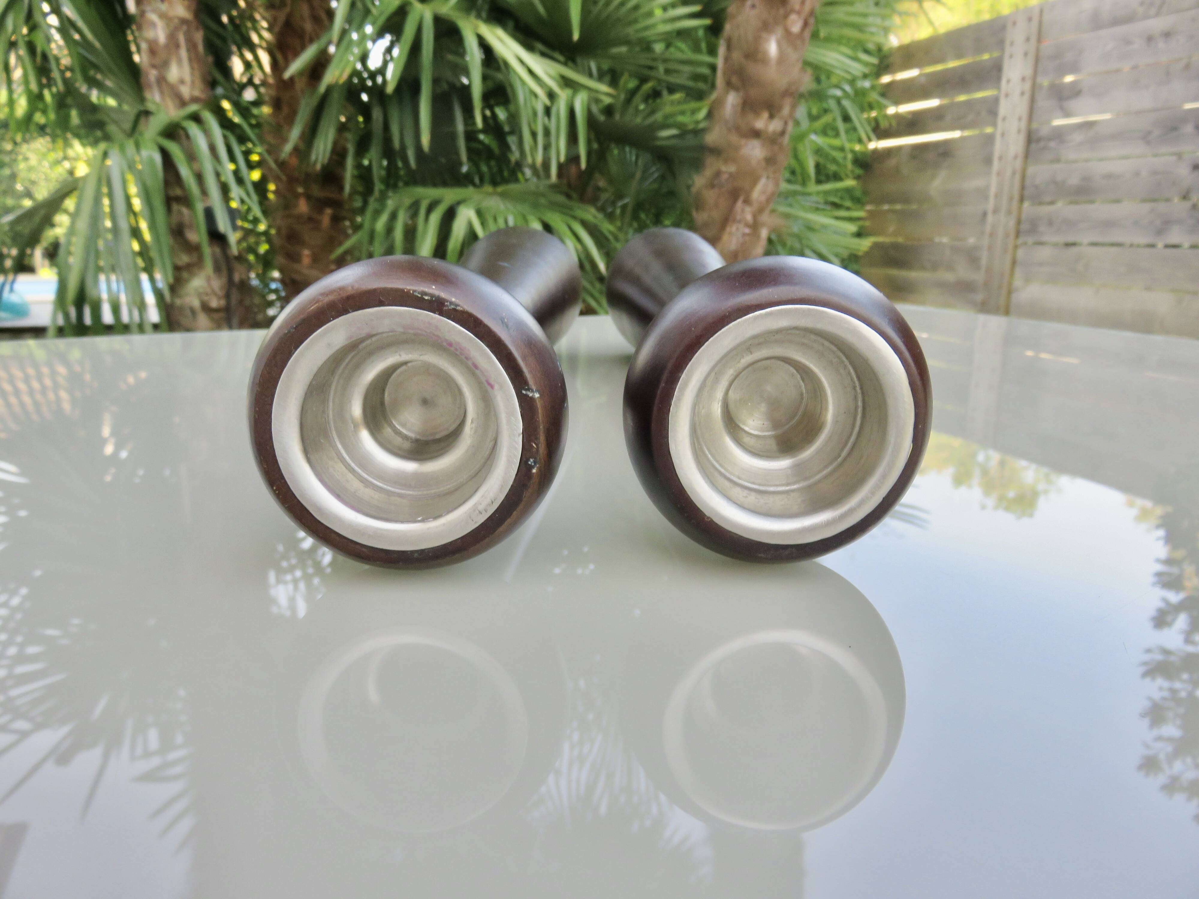 Pair of large Scandinavian teak candlesticks, vintage 1960.