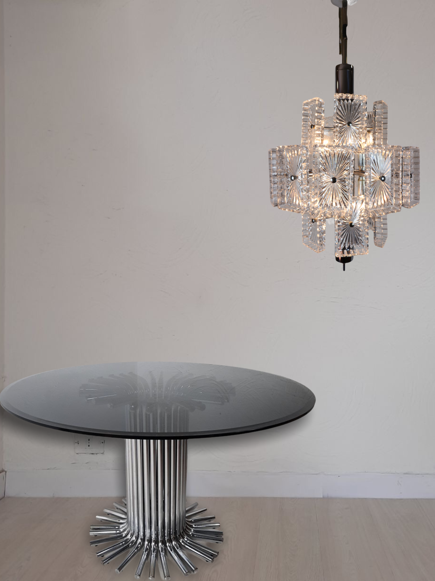 Vintage metal chandelier and carved glass