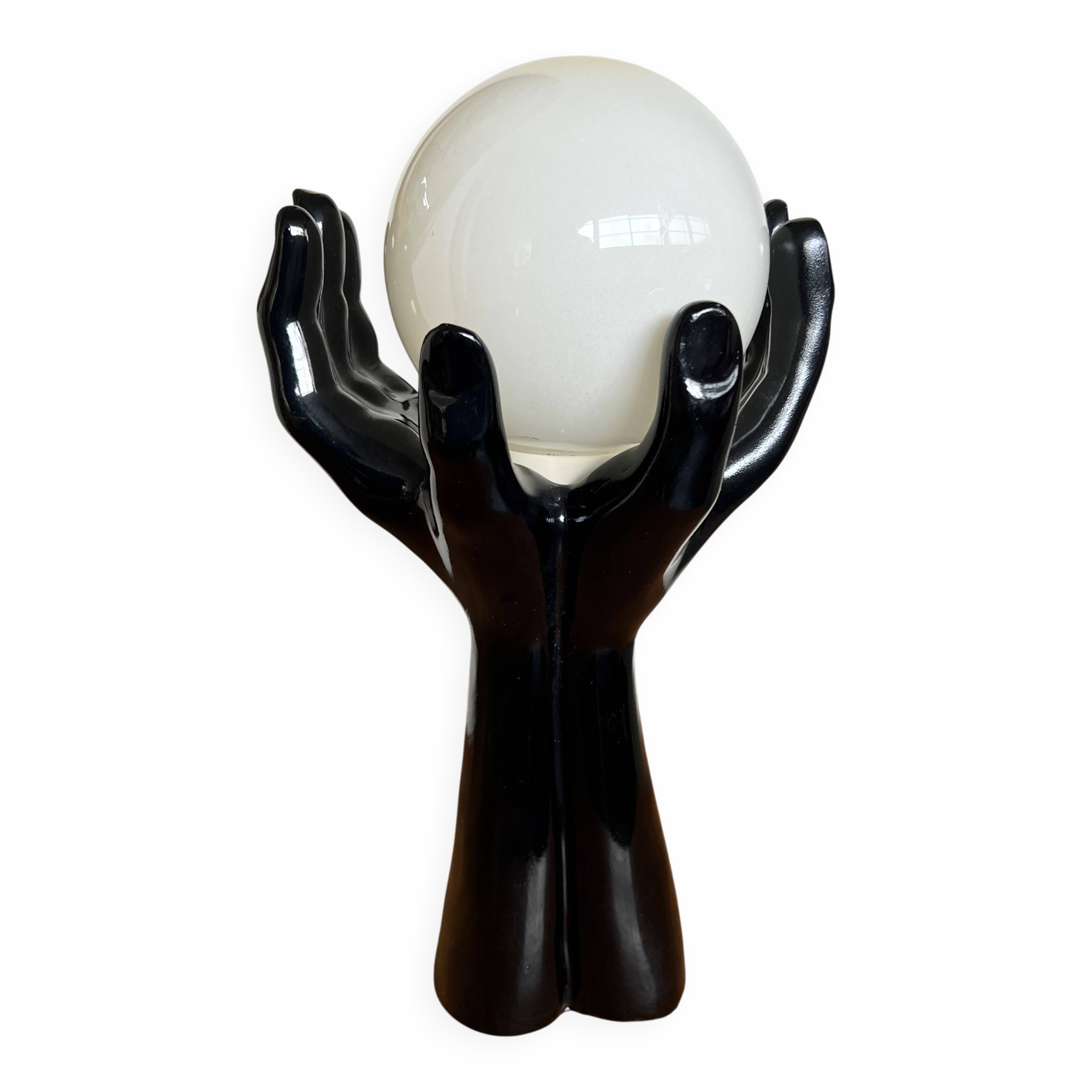 Black Ceramic Lamp with Hands & Opaline Globe – 70s Art Deco Style