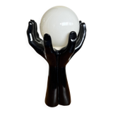 Black Ceramic Lamp with Hands & Opaline Globe – 70s Art Deco Style