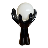 Black Ceramic Lamp with Hands & Opaline Globe – 70s Art Deco Style