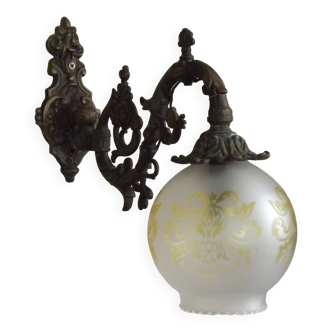 French Antique Electrified Old Brass Gas Mantle With Patterned Glass Shade 4971