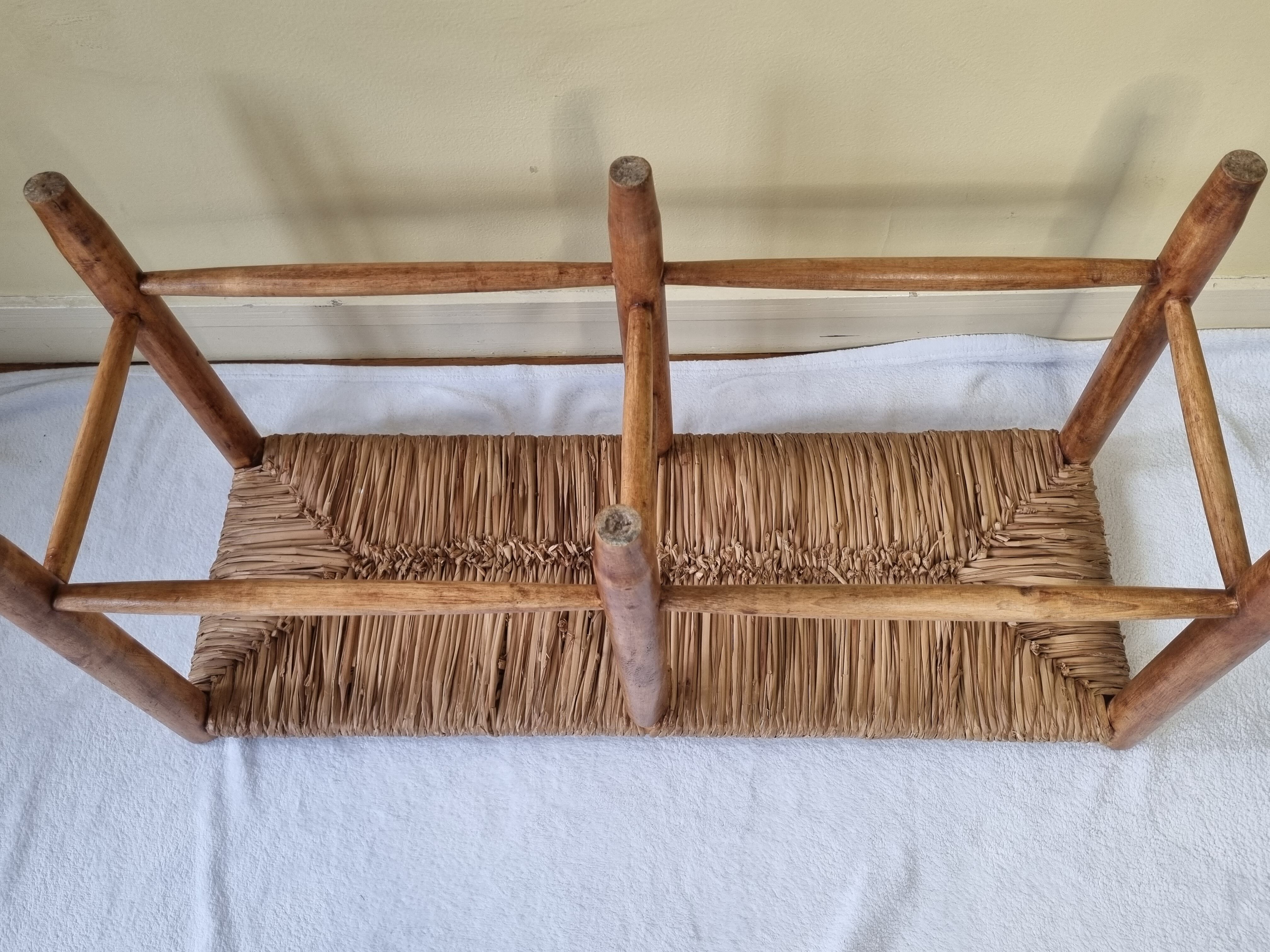 Wooden entrance bench and vintage straw 90 cm