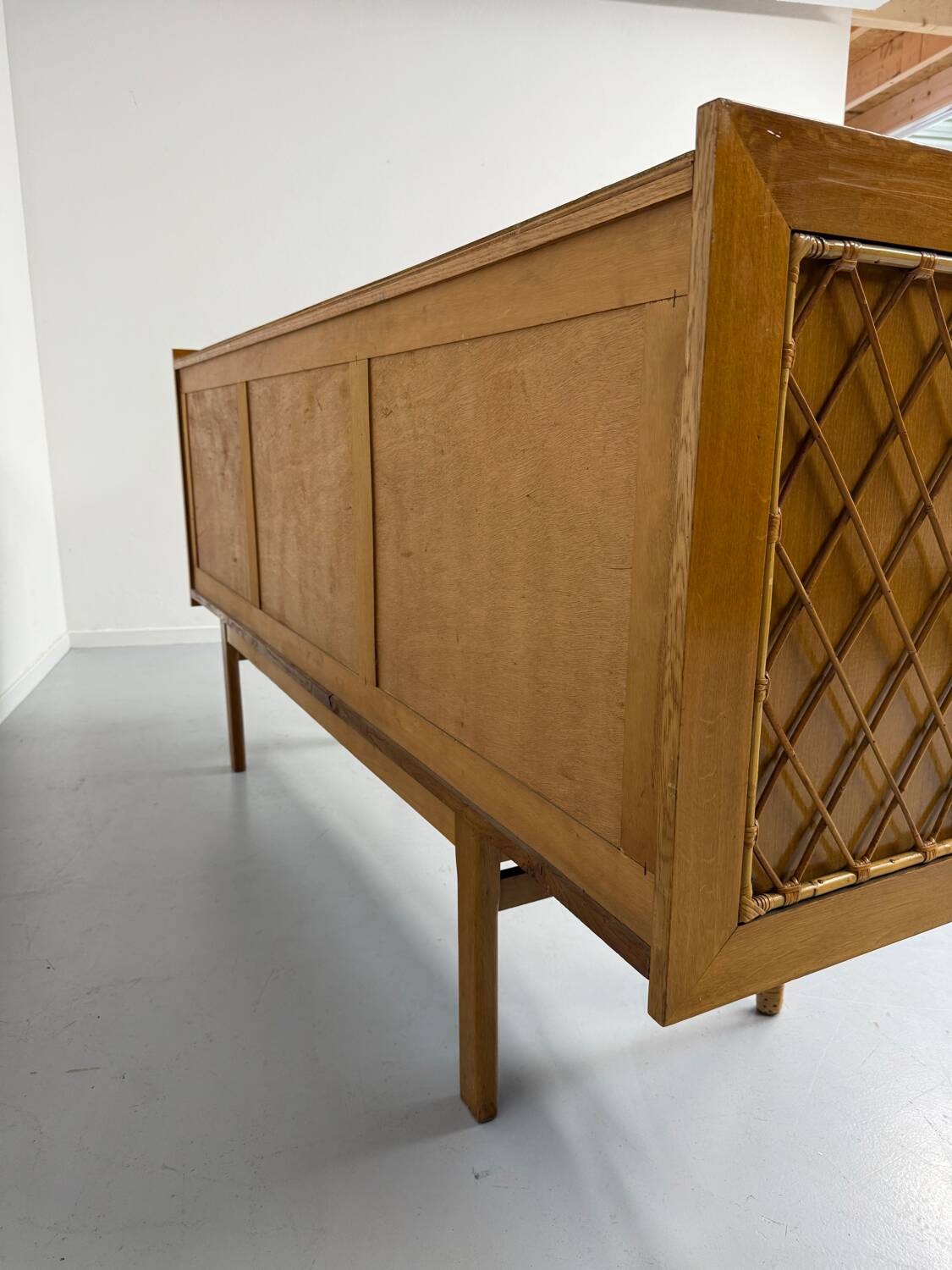Antique French vintage 50s design wooden and rattan sideboard